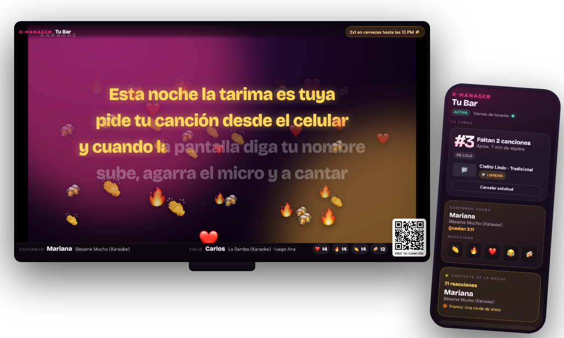 Pantalla del bar con la letra de la canción y celular con el cantante de la noche